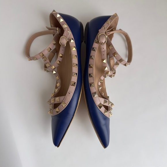 ✨VALENTINO GARAVANI Rockstud Leather Cage Flats Blue Size 37.5 - Picture 8 of 16